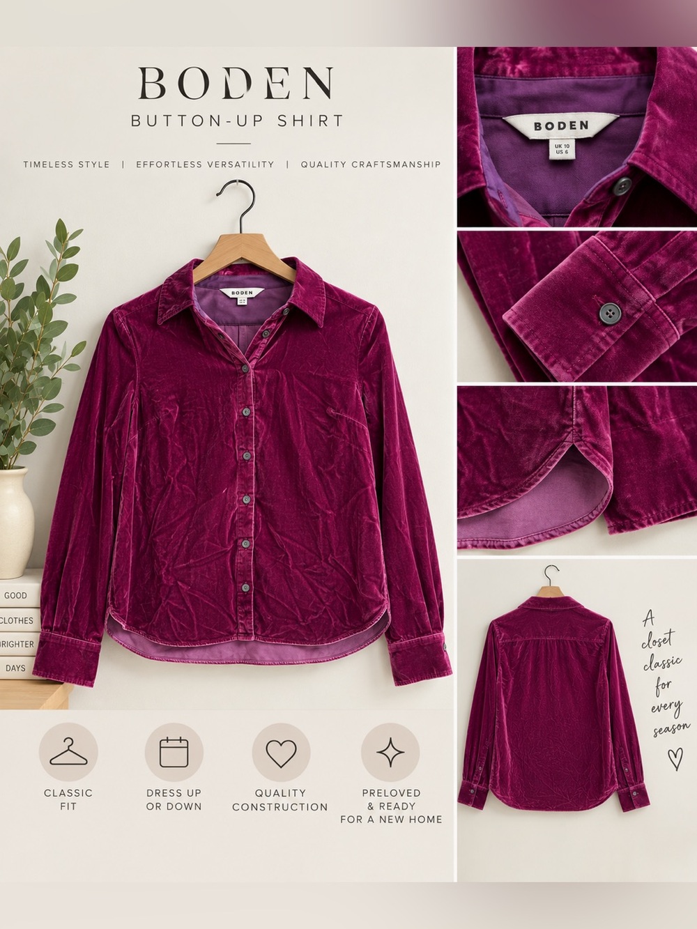 Boden Velvet Button-Down Shirt - Plum
